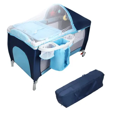 Produktbild von Babybett Babywiege, Stubenwagen mit Rollen, Babyschaukel Klappbar, Reisebett Kinderbett, Baby-Reisebett Kinderreisebett mit Moskitonetz (Blau)