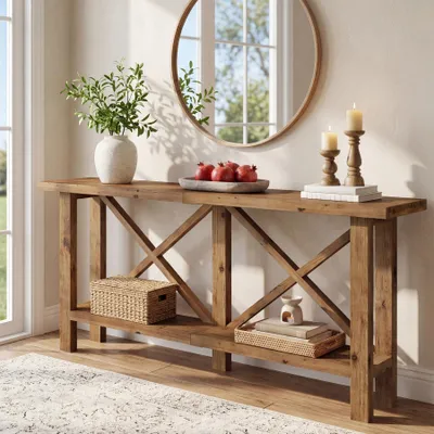 Image de Table console Tribesigns en bois massif, 180 cm, table console étroite avec rangement, console à deux niveaux de style rustique pour le couloir ou l'entrée, marron