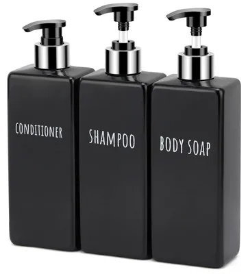 Image de Distributeur de savon, lot de 3 flacons de 500 ml chacun avec étiquettes pour shampooing, après-shampooing et gel douche, flacons de shampooing rechargeables pour la cuisine et la salle de bain, noir