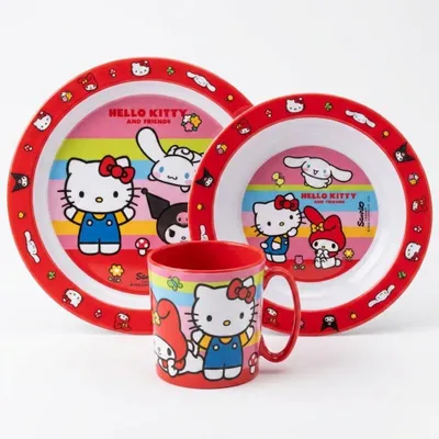 Produktbild von Hello Kitty Friends Kinder Geschirr-Set 3 teilig Becher (350 ml) Teller Schüssel