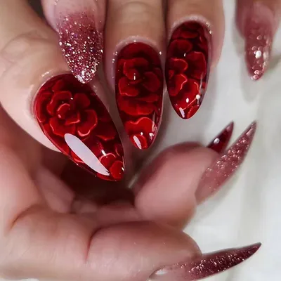 Produktbild von Künstliche Fingernägel zum Aufkleben, Mandel, French Press on Nails, Rot Blumen, 24 Stück