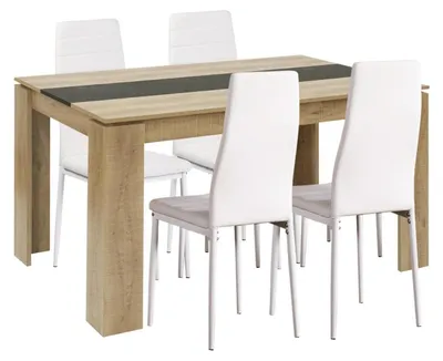 Image de Ensemble de salle à manger comprenant une table rectangulaire de 160x80 cm et 4 chaises, imitation bois d'érable, finition blanche