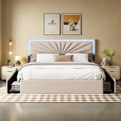 Immagine prodotto di Letto imbottito ProximaX 160x200cm con LED e testata regolabile in altezza, letto matrimoniale con rete a doghe e 4 cassetti, doghe in legno e staffa in metallo, letto contenitore per biancheria, beige