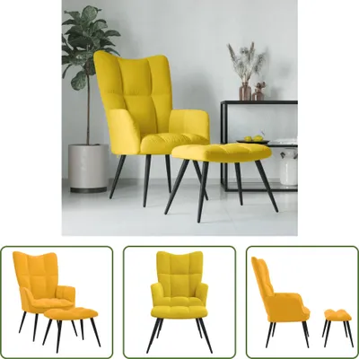 Image de The Living Store Fauteuil relax avec pouf jaune moutarde velours