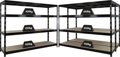 Produktbild von Mega Deal | 3x Profi Schwerlastregal Rhino | HxBxT 180x240x60cm | 4 Spanplatten-Ebenen 8mm | Fachlast 450kg | Schwarz