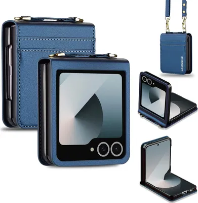 Immagine prodotto di Custodia flip crossbody in pelle per Samsung Galaxy Z Flip 7, con laccetto da collo e slot per carte di credito Blu