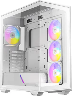 A white computer case with RGB fans.