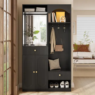 Productafbeelding van Compacte garderobe met spiegel, zitbank, LED-strips, garderobekast met schoenenkast en haken, garderobe voor de hal, zwart