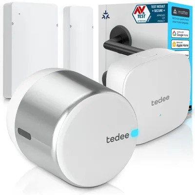 Obrázek produktu pro Tedee GO2 Alu s Bridge a Door Sensorem – Chytrý zámek, WiFi, vzdálené ovládání, monitoring stavu dveří, Auto Unlock, Matter, Apple HomeKit, Alexa