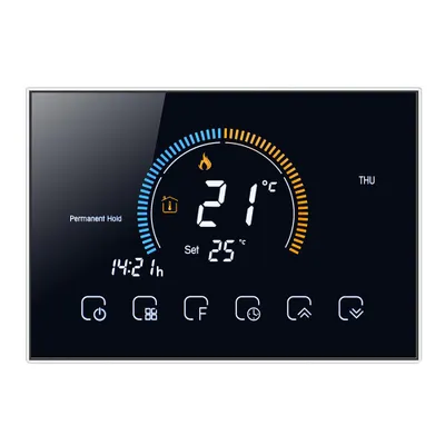 Obrázek produktu pro Programovatelný termostat (95-240 V) s 5+1+1 periodami, dotykový LCD displej s podsvícením, ohřev vody, funkce uzamčení termostatu