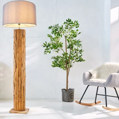 Produktbild von cagü: Unikat Stehlampe SABAH Grau Rund Leinenschirm aus Teak-Treibholz handgefertigt 160cm Höhe