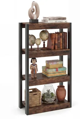 Produktbild von KOMFOTTEU Regal mit 3/4 Ebenen, Eck-Bücherregal mit Metallrahmen, vertikales Lagerregal aus Holz, mit Kippschutz, für Wohnzimmer, Arbeitszimmer (Braun, 4 Ebenen)