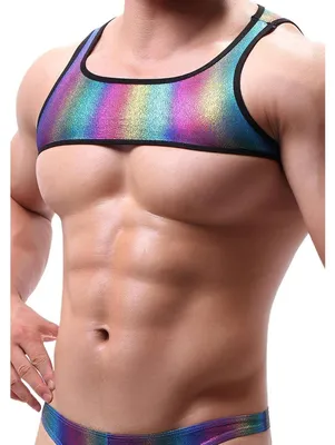 Produktbild von Herren Metallic Glänzend Crop Top Schulterjacke Shorts Set Bunt XS