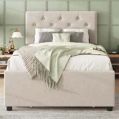 Produktbild von Flieks Polsterbett 90x200cm mit Ausziehbett, Einzelbett Jugendbett Kinderbett mit Lattenrost, Holzbett Funktionsbett Tagesbett, Samt, Beige
