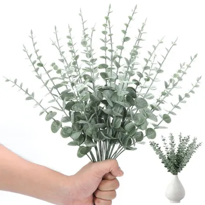 Produktbild von Dekoration mit künstlichen Eukalyptusblättern, 30 künstlichen Eukalyptuszweigen, künstlichen Pflanzen, Eukalyptusstamm, künstliche Silberdollar-Pflanze für Garten, Hochzeit, Party, Wohnaccessoires 38 cm (grün)