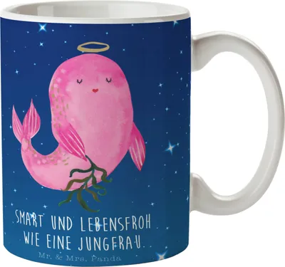 Produktbild von Mr. & Mrs. Panda Tasse Sternzeichen Jungfrau - Sternenhimmel Blau - Geschenk, Kaffeepott, Kaffeebecher, Meerjungfrau, Jungfer, Kaffeetasse, Trinkbecher, Geburtstag August