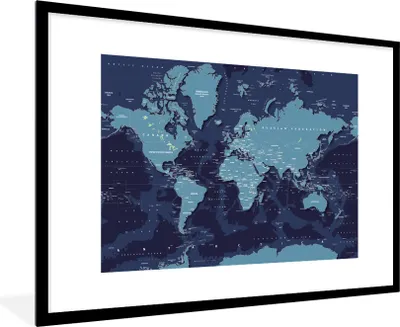 Produktbild von MuchoWow® Gerahmtes Poster Weltkarte - Abstrakt - Blau 90x60 cm - Poster mit Schwarzem Bilderrahmen Wandposter Rahmen Foto Bilder - Wanddekoration - Fotos