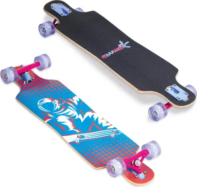 Image de muuwmi Longboard Compact Space, LED- Roues lumineuses, ABEC 7, Deck 83x22 cm, 5,5 pouces FOX Aluminium Trucks, Roues 60x45 mm