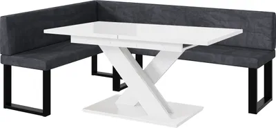 Produktbild von MEBLINI Eckbank für Esszimmer mit ausziehbarem Tisch  - Küchenbank - Essecke - Sitzecke Küche - TONI - U-Beine 142x196x87cm Links - Dunkelgrau Samt/B Weiß Hochgl.