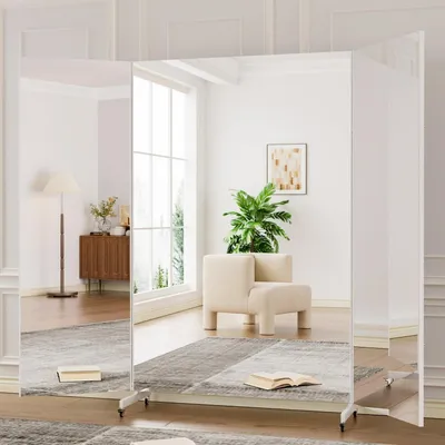 Produktbild von Ganzkörperspiegel 3-Fach Faltbar 240x190cm Weiß Standspiegel auf Rollen