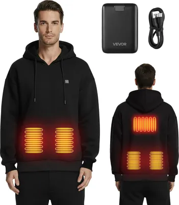 Immagine prodotto di VEVOR Felpa con cappuccio riscaldata, unisex, maglia riscaldata con power bank ricaricabile da 7,4 V 16000 mAh, 5 zone di riscaldamento, 3 livelli di temperatura, 4-8 ore di calore, per il campeggio invernale all'aperto, nero, XXL