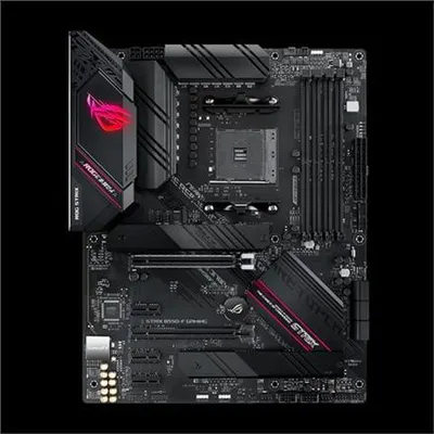 A top-down view of a black motherboard with red accents and RGB lighting.