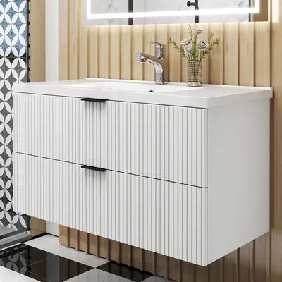 Produktbild von AICA Waschbeckenunterschrank Weiß Matt 100cm Dickes Keramik Waschtisch mit Unterschrank,2 Softclose-Schubladen,geriffelte Schubladentüren