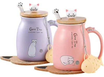 Productafbeelding van Keramische mok met deksel en lepel, 380 ml, roze en paars