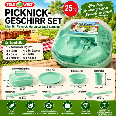 Produktbild von 25-teiliges Picknick-Geschirr-Set in Mintgrün – Ideal für Camping, Garten & unterwegs