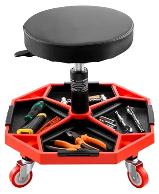 Produktbild von Rollbarer Werkstatthocker mit 136 kg Tragkraft, höhenverstellbar (420–550 mm), mit Werkzeugablage für Garage und Werkstatt, Schwarz+Rot