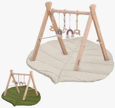 Produktbild von Ladanas Spielbogen Baby Holz inkl. 5 Spielzeugen & doppelseitiger Spielmatte – Stabiler & Klappbares Spieltrapez