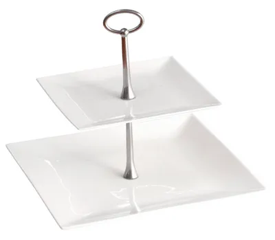 Produktbild von OBSTSCHALE Keramik TORTENSTÄNDER SERVIERPLATTE KUCHENPLATTE weiß 2 Etagen