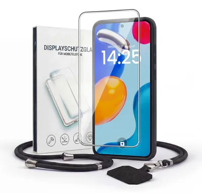 Produktbild von Handyhülle für Xiaomi Redmi Note 11 / 11S mit Handykette und 9H Displayglas Displayschutz Band Kordel Hülle Case Schutzhülle Schwarz