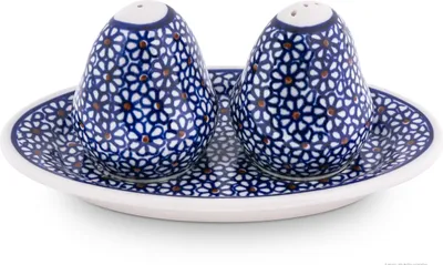 Produktbild von Original Bunzlauer Keramik Salzstreuer und Pfefferstreuer Set 3-teilig mit Unterschale im Design 120