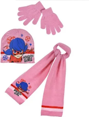 Produktbild von Miraculous Ladybug Mädchen Winter Strick Set 3 tlg. Mütze + Handschuhe + Schal pink 52