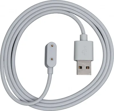 A white USB charging cable with a magnetic connector for a smartwatch.