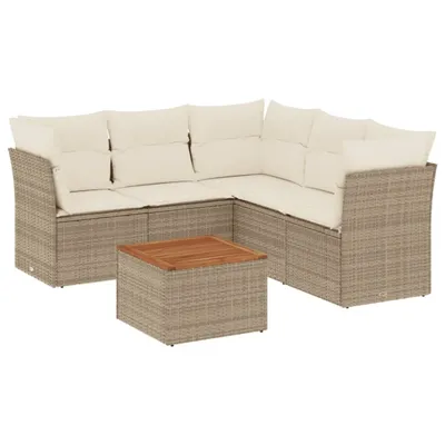 Produktbild von Modulares 6-tlg. Garten-Sofaset, Poly Rattan Beige, mit Stauraum & wasserabweisendem Beutel, Akazienholz-Tisch, Cremeweiß Kissen abnehmbar & waschbar