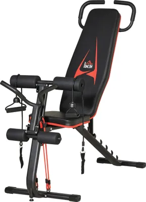 Produktbild von Verstellbare Hantelbank mit Sit-Up-Funktion, 150 kg Tragkraft, 6-stufige Rückenlehne, Stahlrahmen Kunstleder Schwarz/Rot, 145x49x48-127 cm, Heimfitness