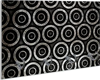 Produktbild von Wallario Schlüsselbrett aus Glas, Motiv: Abstraktes Kreismuster in schwarz und silber, 30 x 20 cm mit 4 Haken