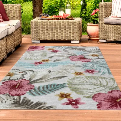 Produktbild von In- & Outdoor Teppich 3d-effekt Blumen Blätter Muster Mehrfarbig Größe - 200 x 290 cm