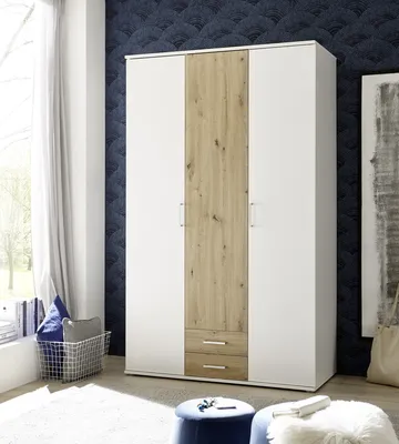 Produktbild von Kleiderschrank "Marburg" in Weiß / Artisan Eiche mit 2 Schubladen und 3 Türen. Abmessungen (BxHxT) 120x196x54 cm