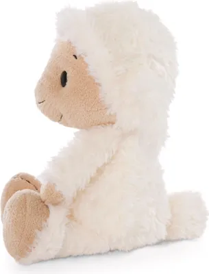 A plush toy sheep sitting on a white background.