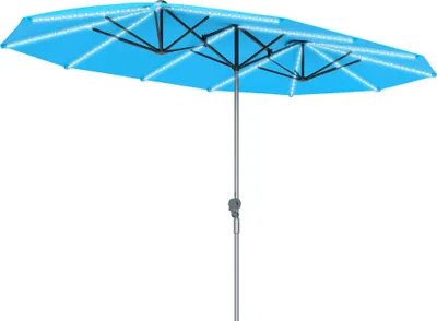 Produktbild von Doppelschirm mit Solar-Lichtern, Aluminium, Polyester, UPF50+ Schutz, UV-beständig, Terrassenschirm, Blau