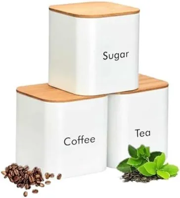 Image de Lot de boîtes de rangement blanches pour la cuisine avec couvercles hermétiques en bambou