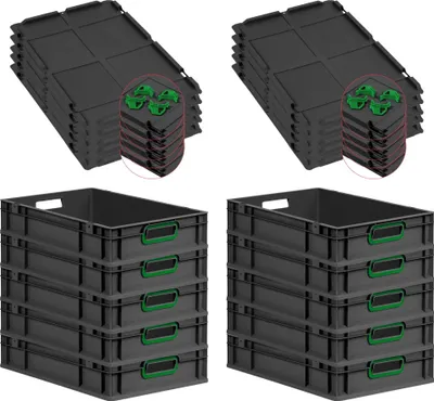 Produktbild von SparSet 10x Eurobox NextGen Color mit Auflagedeckel und Schiebeschnappverschlüsse | HxBxT 12x40x60cm | 23 Liter | Schwarz | Griffe grün offen | Eurobehälter, Transportbox, Transportbehälter, Stapelbehälter