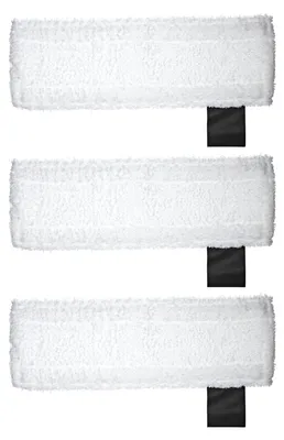Three white microfiber mop pads are stacked vertically against a white background.
