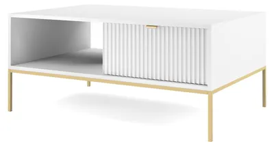 Produktbild von Couchtisch NOVUM Weiß mit goldfarbenem Gestell 104 × 46 × 68 cm – Moderner Sofatisch mit Schiebetür und offenem Fach