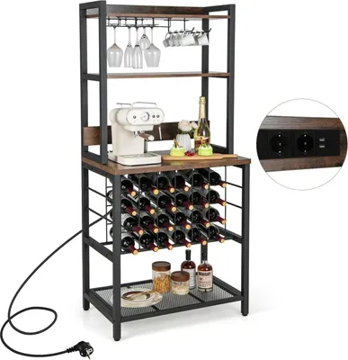 Image de Étagère de cuisine - Étagère pour micro-ondes - Avec prises électriques - Casier à vin pour 24 bouteilles - Support pour verres à vin - Modèle autonome avec plan de travail - Marron