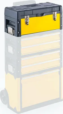 A yellow and black toolbox is placed on top of a yellow rolling tool chest.