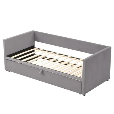 Produktbild von Flieks Schlafsofa 90x200cm/180x200cm Tagesbett Daybett, Kinderbett mit Lattenrost und Armlehnen, Gästebett Jugendbett, Samt, Hellgrau